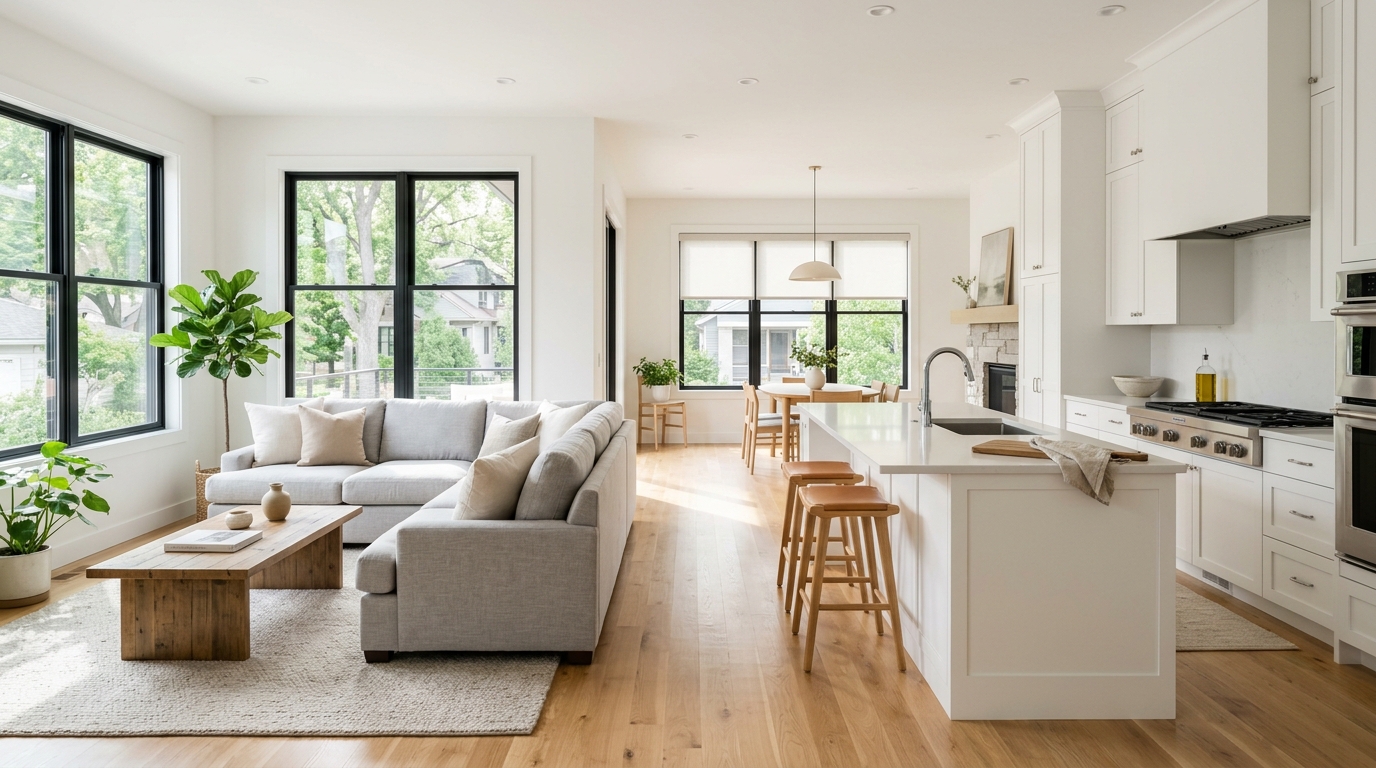 Immaculate, naturally lit open-concept residential kitchen and living space in Minneapolis
