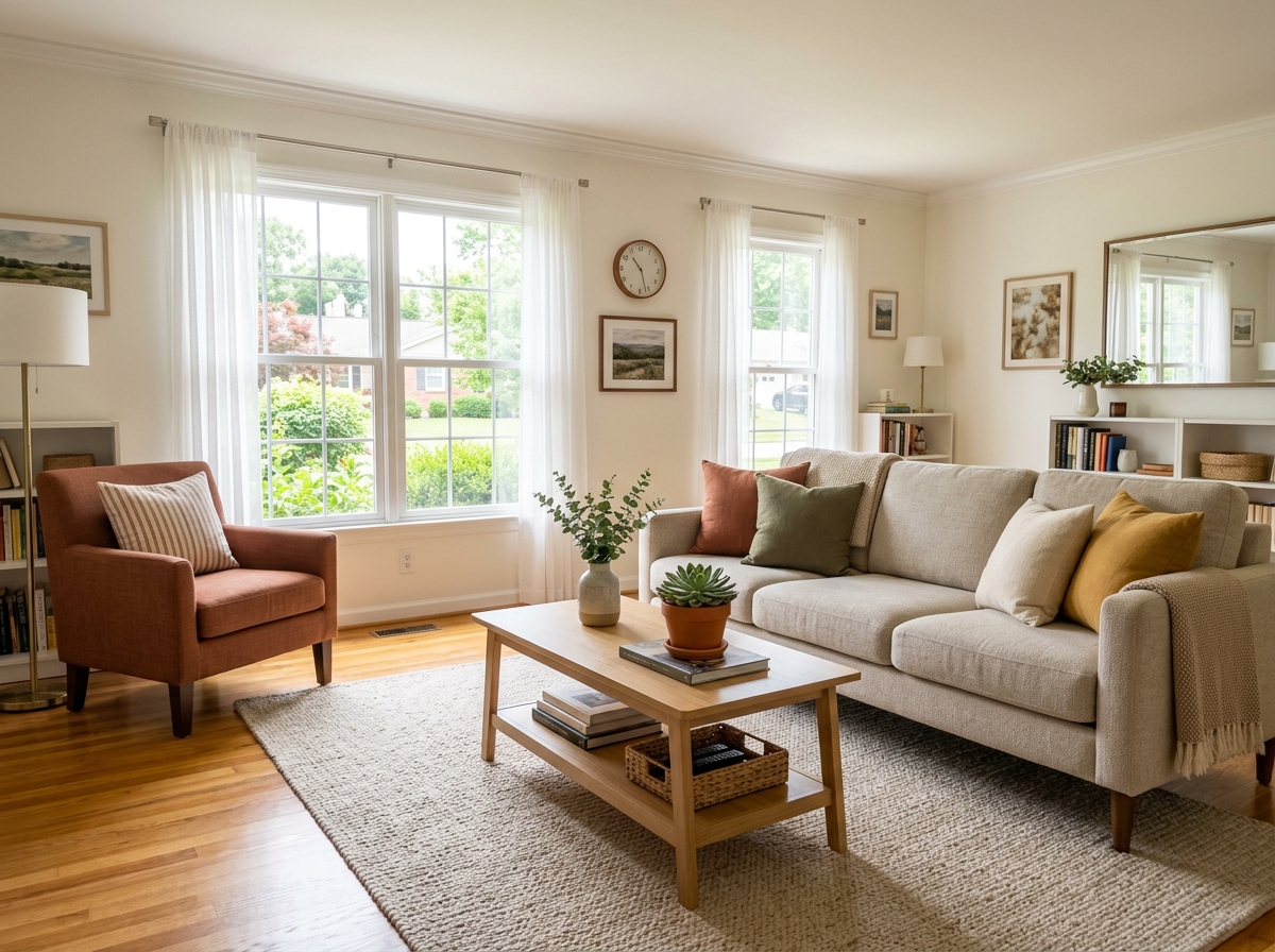 Immaculately clean, organized living room in an authentic American home